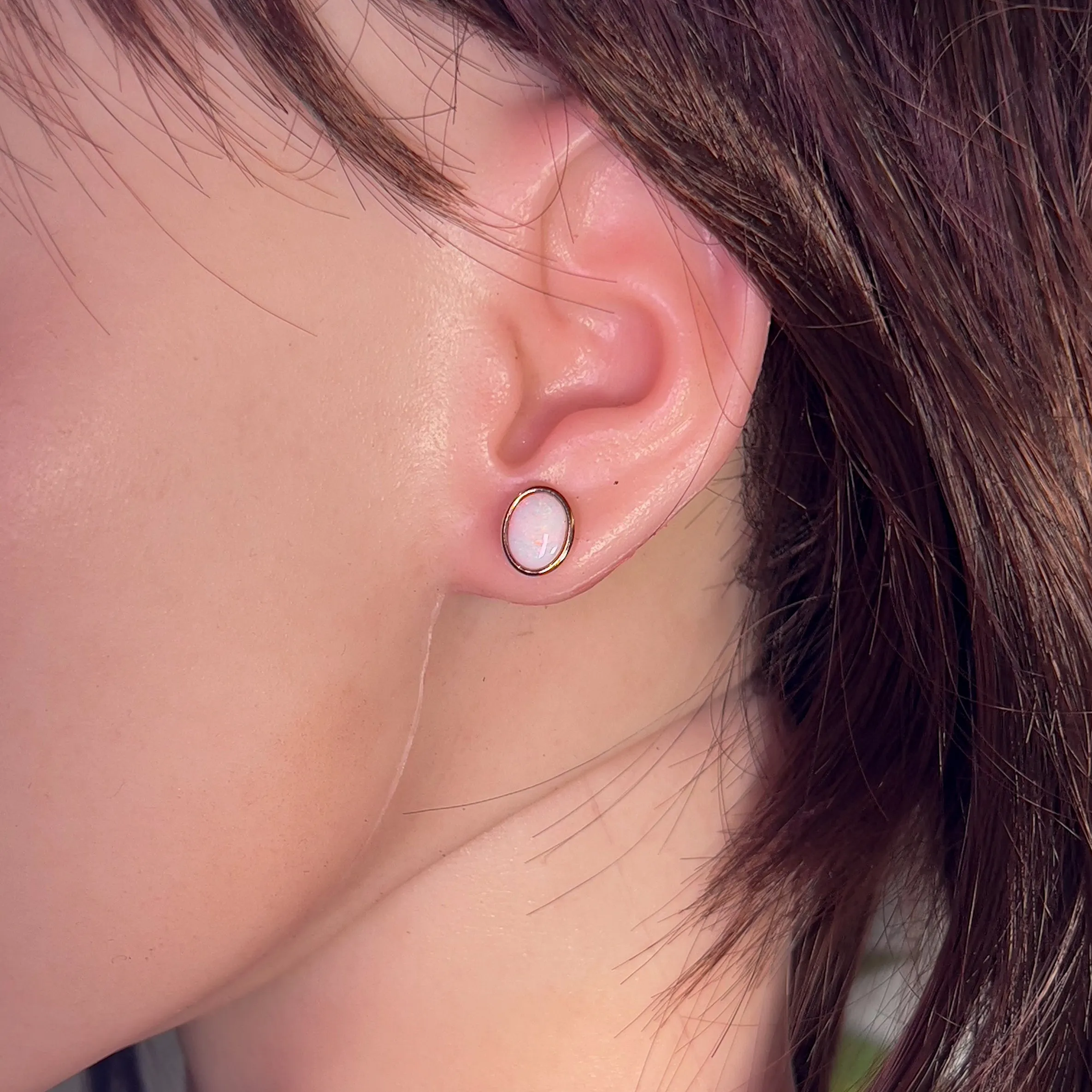 Rose Gold plated Sterling Silver bezel set Oval White Opal studs 9x7mm