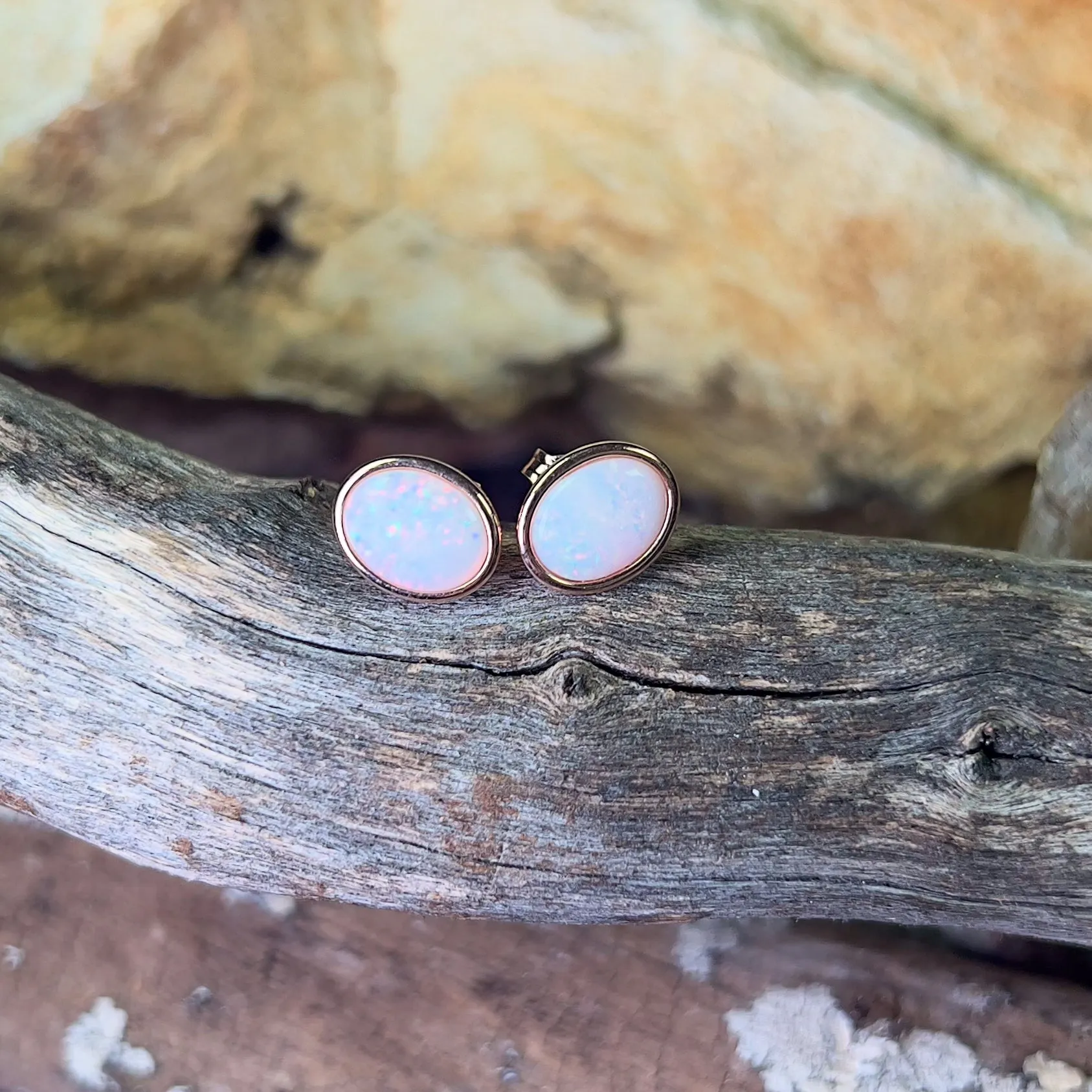 Rose Gold plated Sterling Silver bezel set Oval White Opal studs 9x7mm