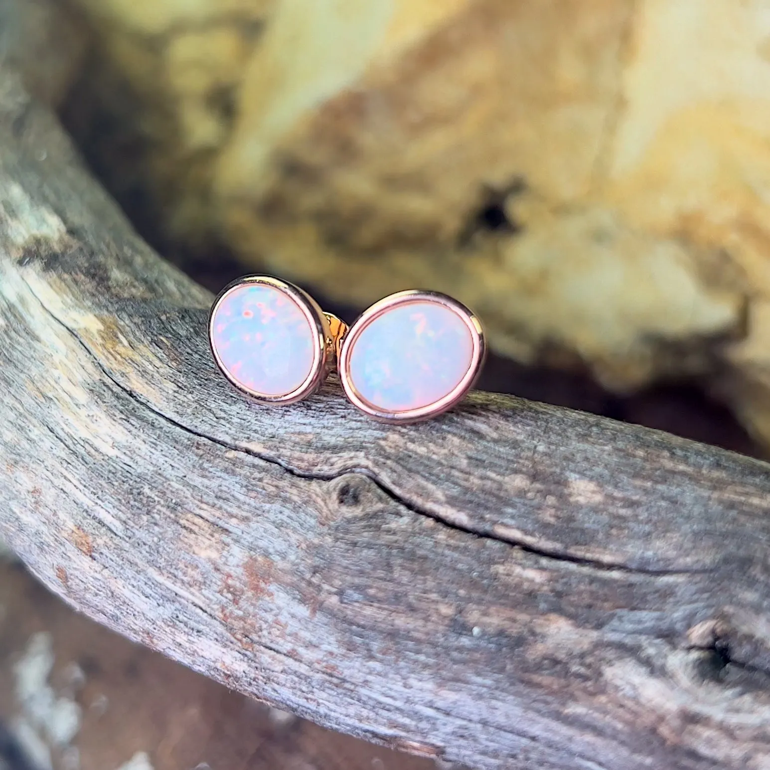 Rose Gold plated Sterling Silver bezel set Oval White Opal studs 9x7mm