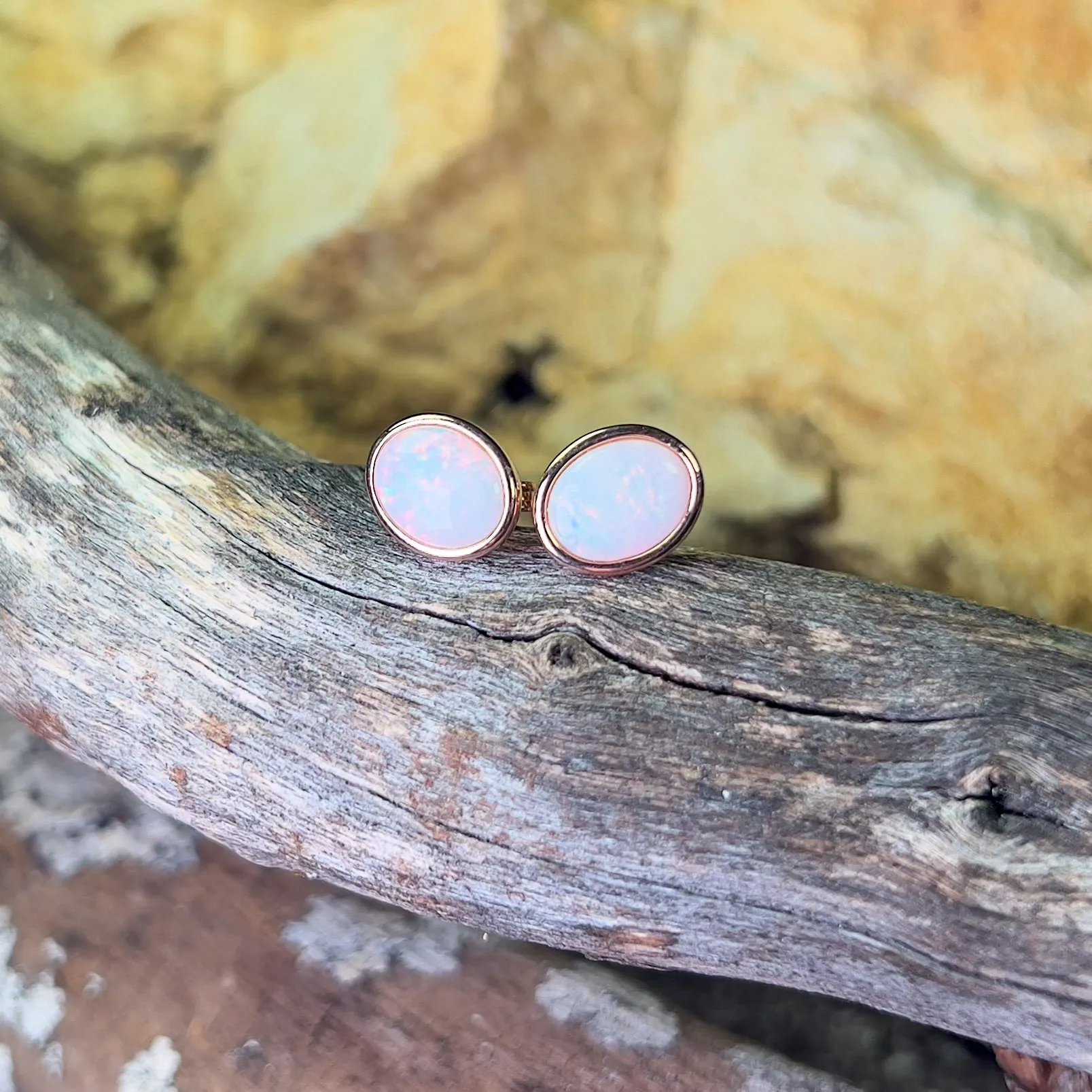 Rose Gold plated Sterling Silver bezel set Oval White Opal studs 9x7mm