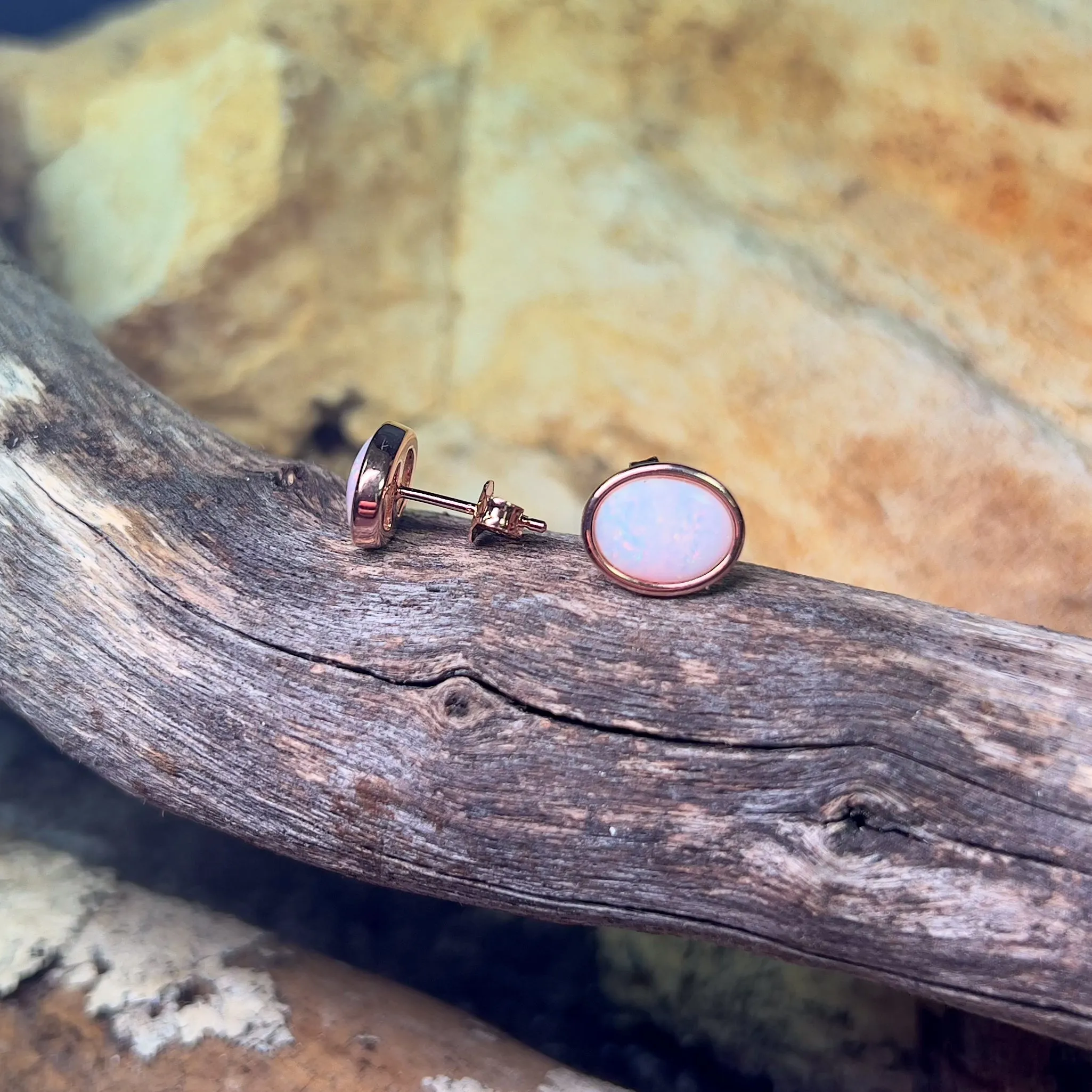 Rose Gold plated Sterling Silver bezel set Oval White Opal studs 9x7mm