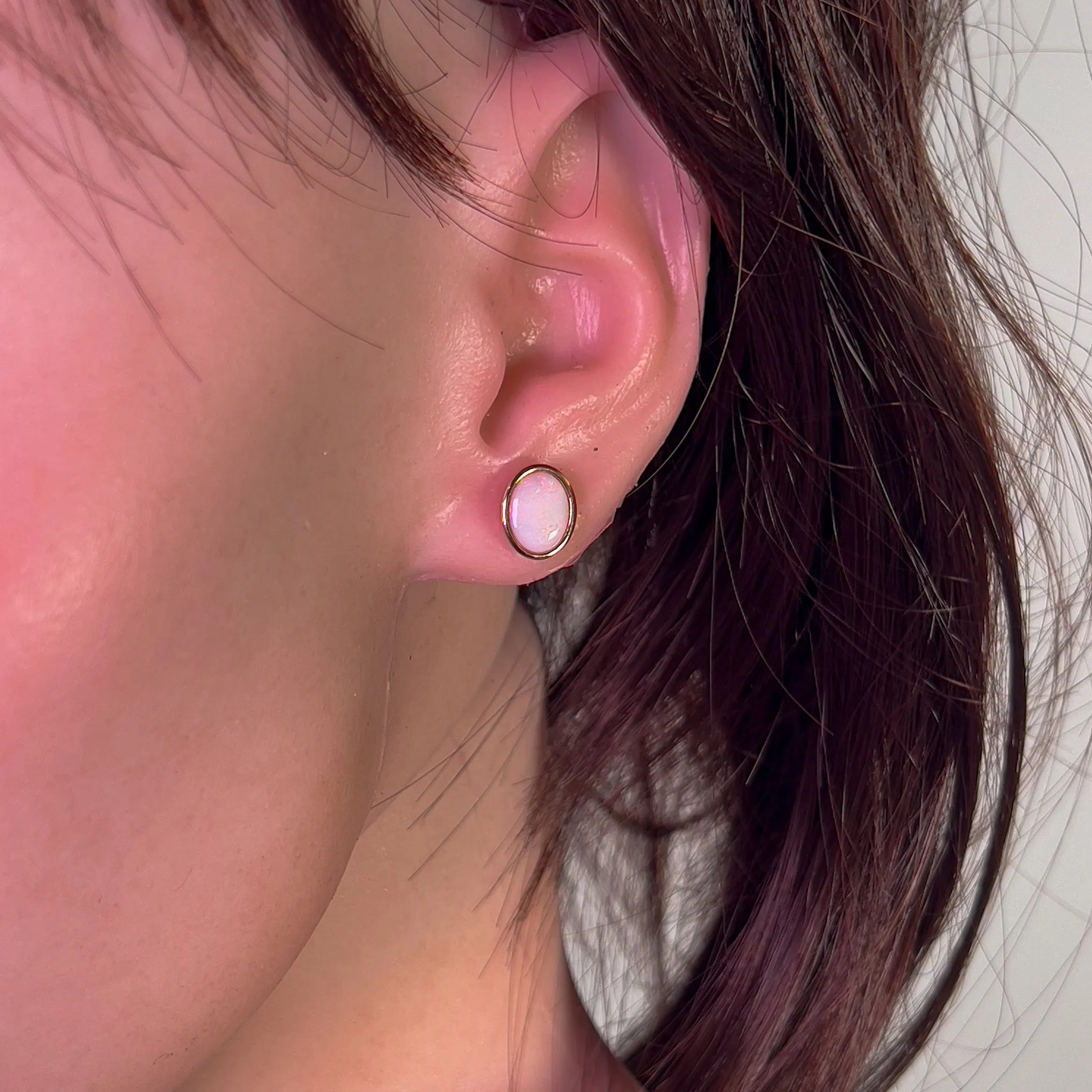 Rose Gold plated Sterling Silver bezel set Oval White Opal studs 9x7mm