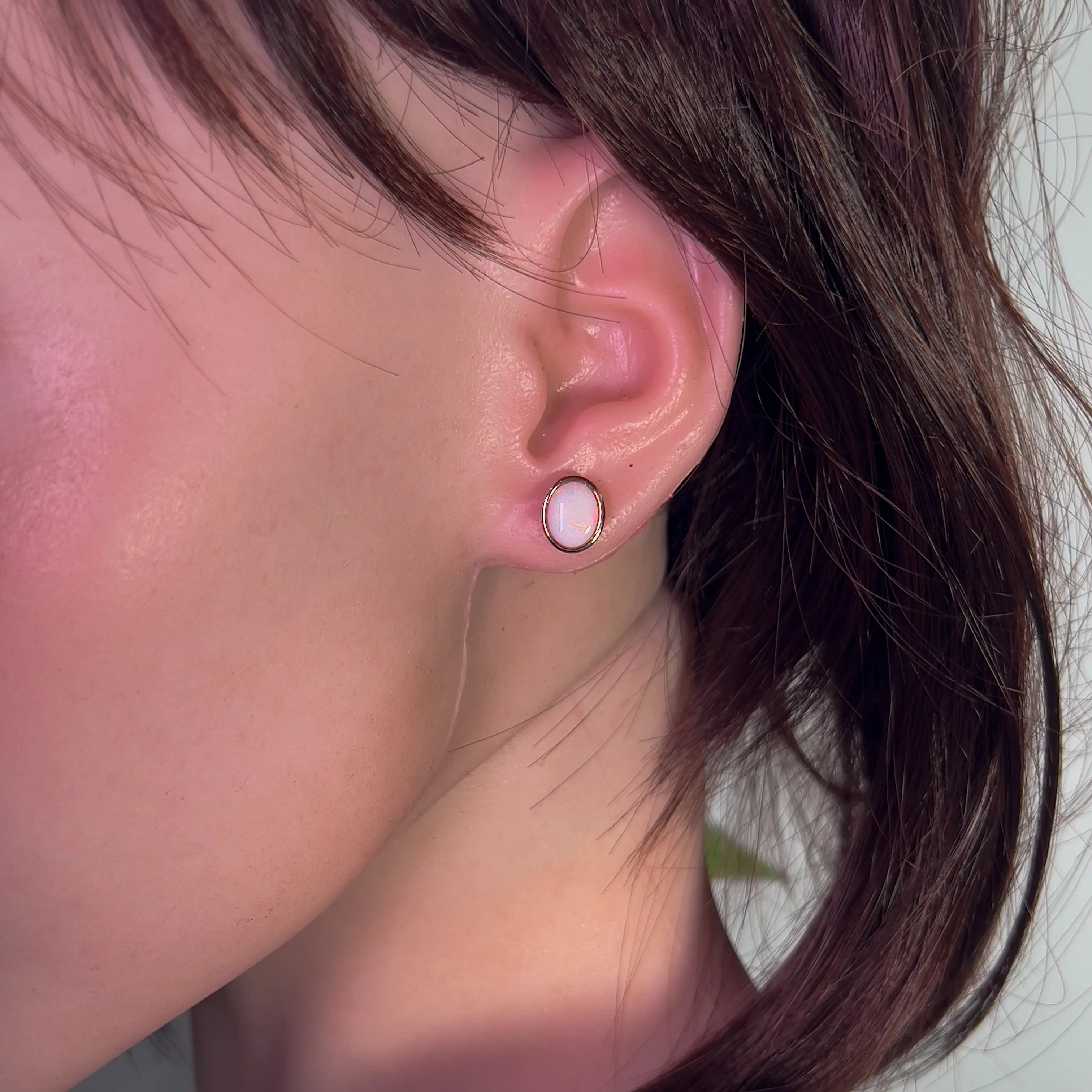 Rose Gold plated Sterling Silver bezel set Oval White Opal studs 9x7mm