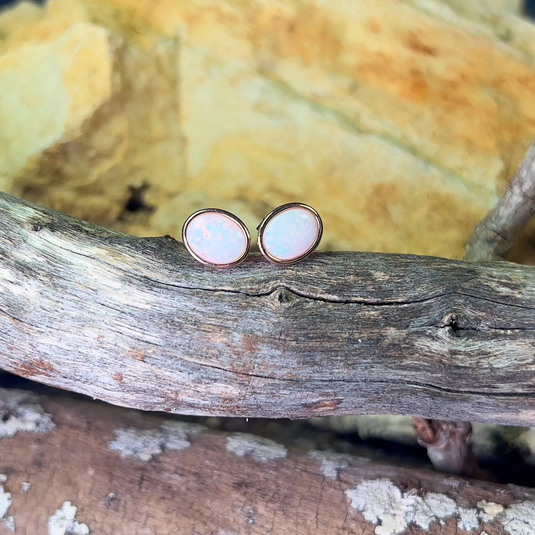 Rose Gold plated Sterling Silver bezel set Oval White Opal studs 9x7mm