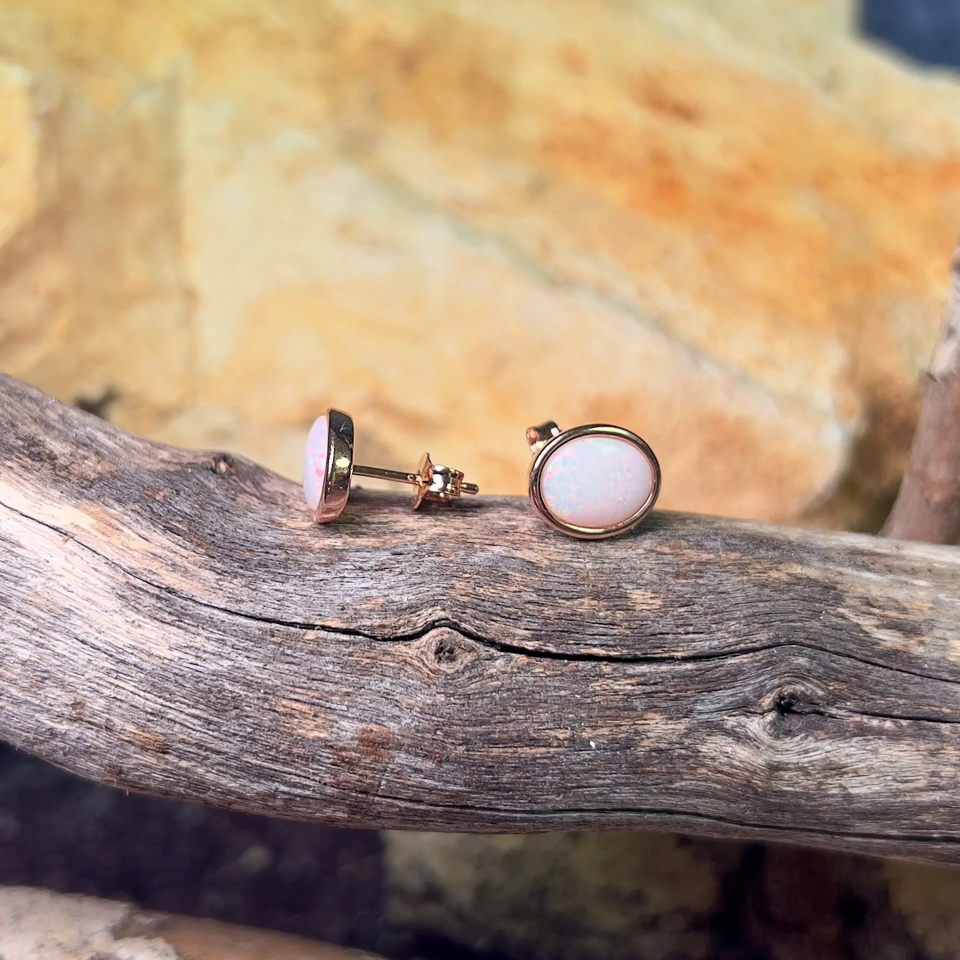 Rose Gold plated Sterling Silver bezel set Oval White Opal studs 9x7mm