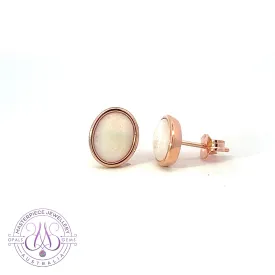 Rose Gold plated Sterling Silver bezel set Oval White Opal studs 9x7mm