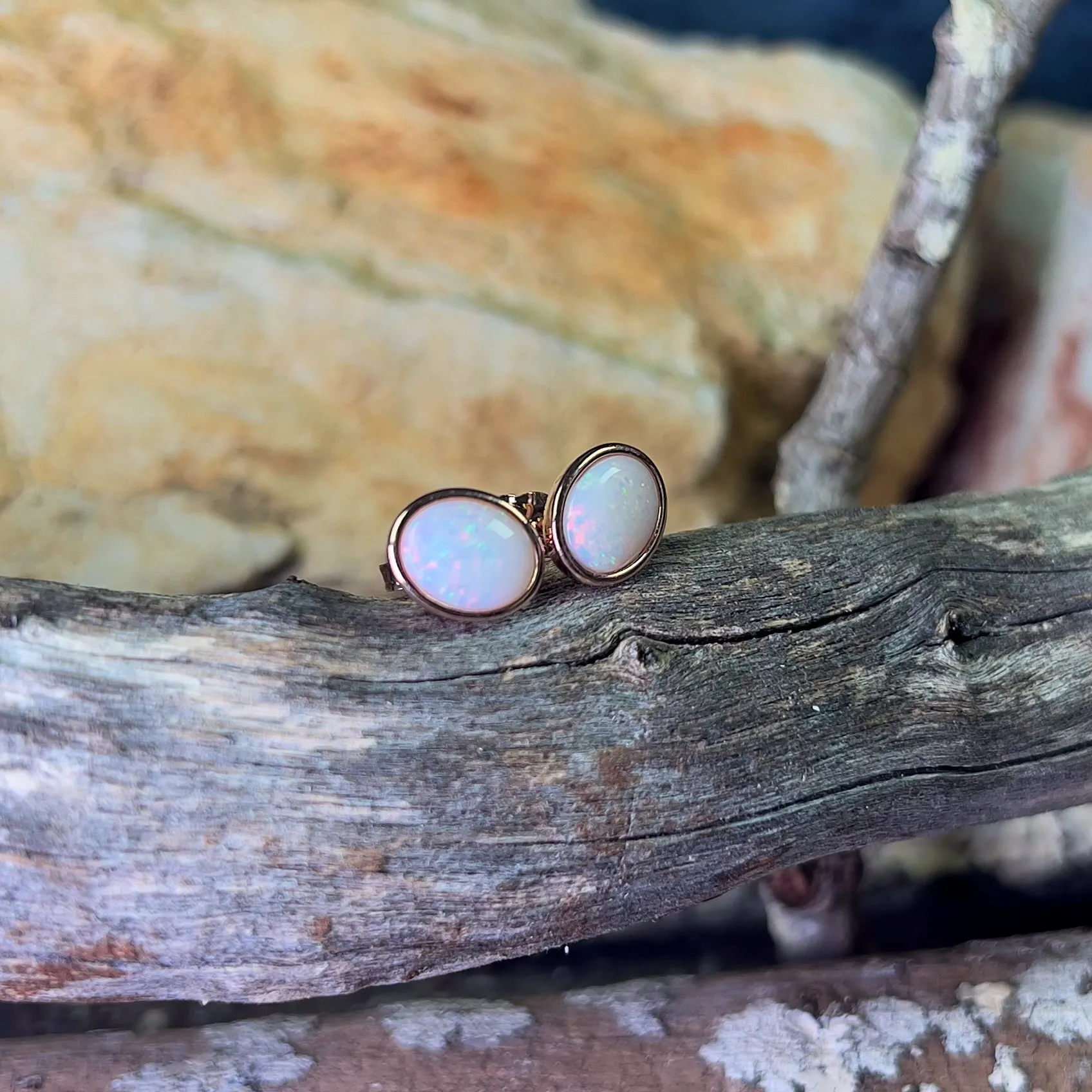 Rose Gold plated Sterling Silver bezel set Oval White Opal studs 9x7mm