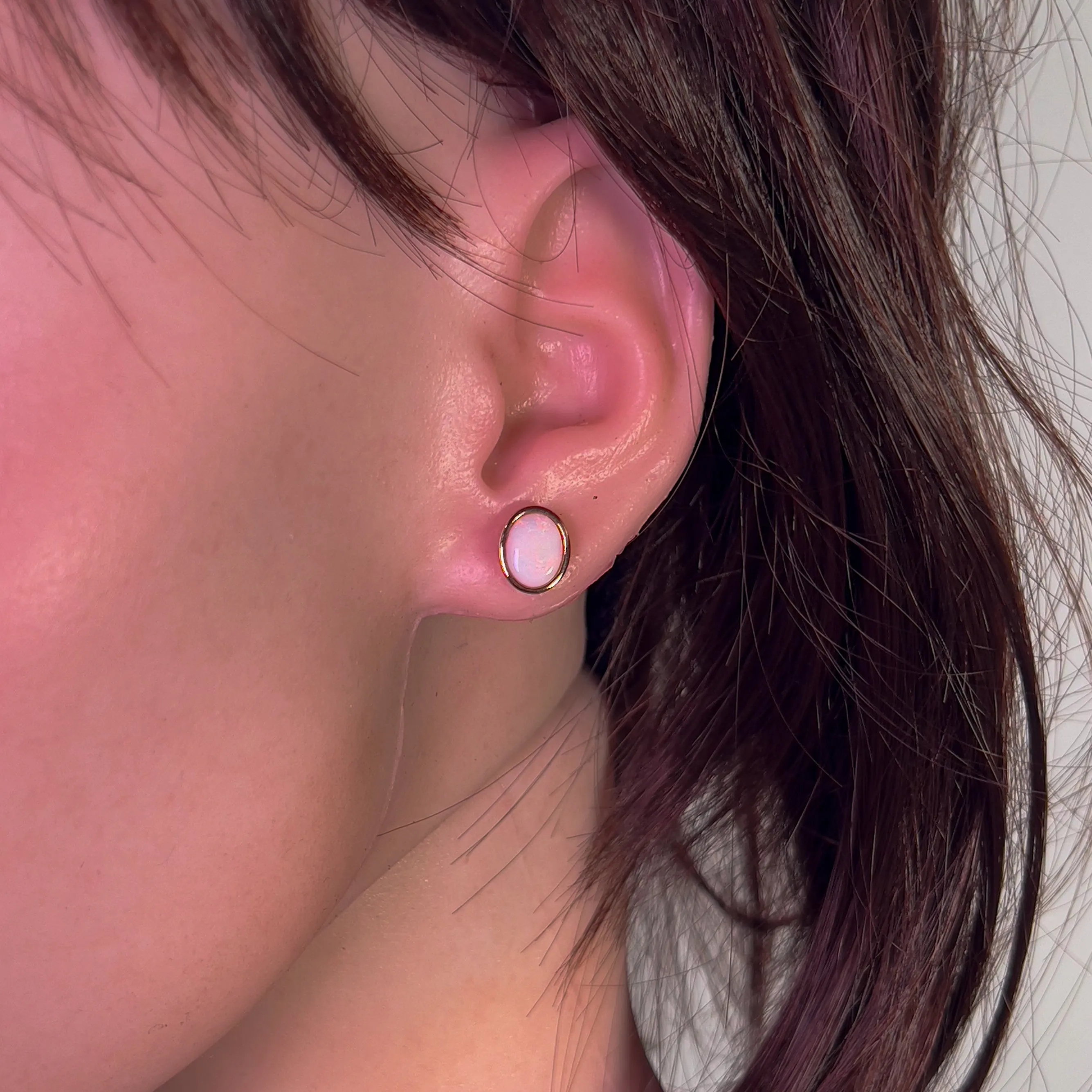 Rose Gold plated Sterling Silver bezel set Oval White Opal studs 9x7mm
