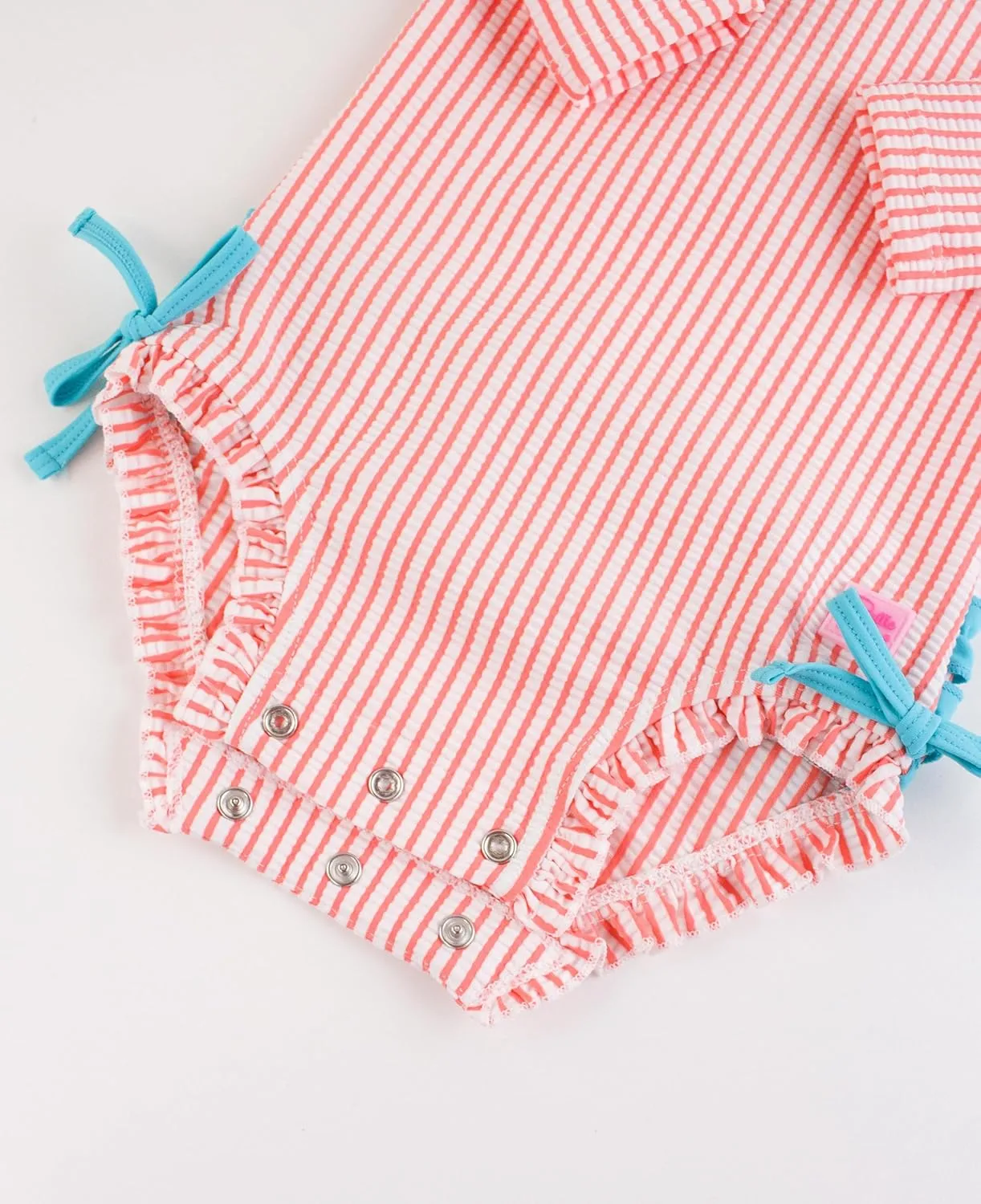 RuffleButts Baby/Toddler Girls Seersucker Long Sleeve One Piece Rash Guard Swimsuit with UPF 50  Sun Protection