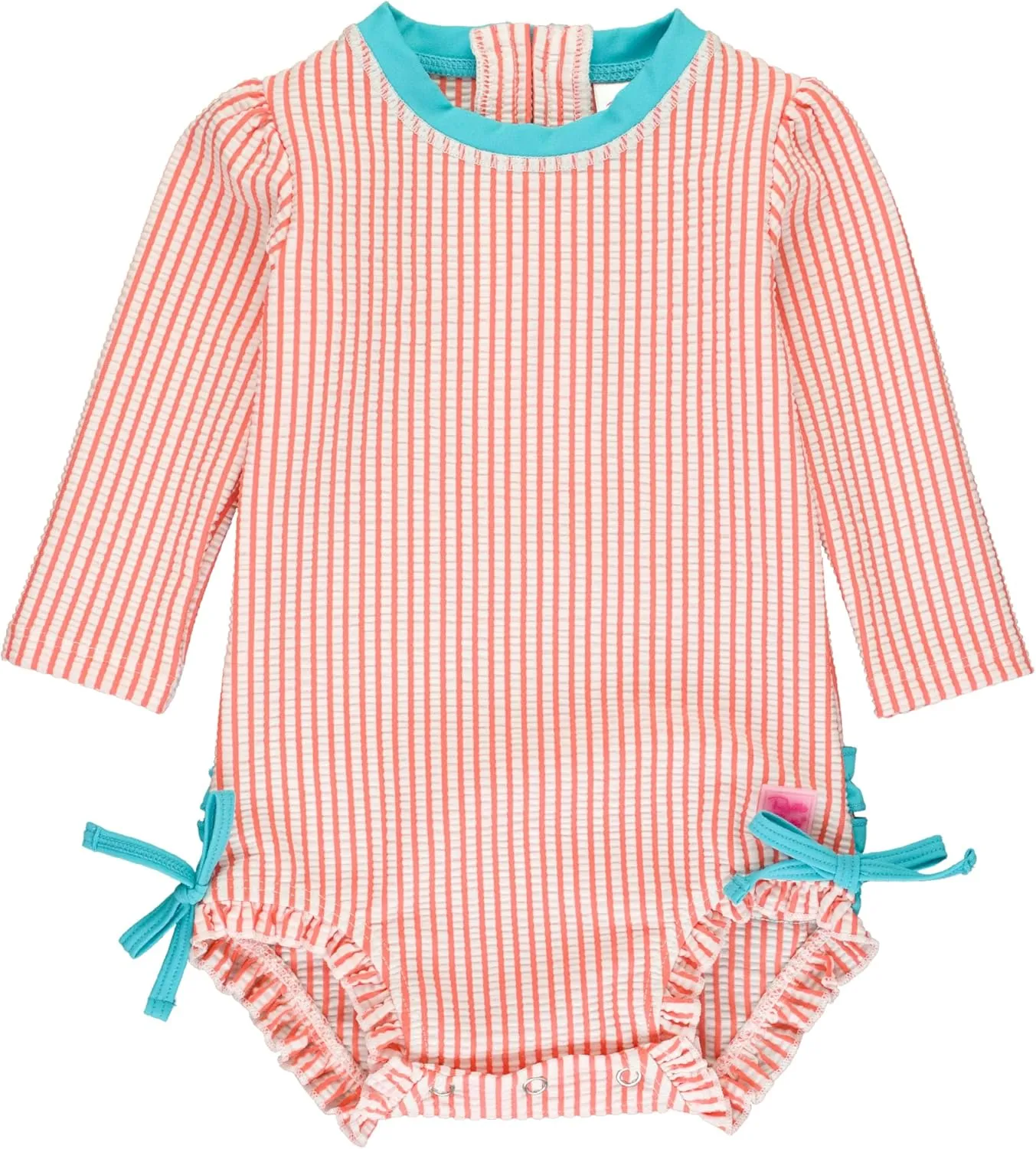 RuffleButts Baby/Toddler Girls Seersucker Long Sleeve One Piece Rash Guard Swimsuit with UPF 50  Sun Protection