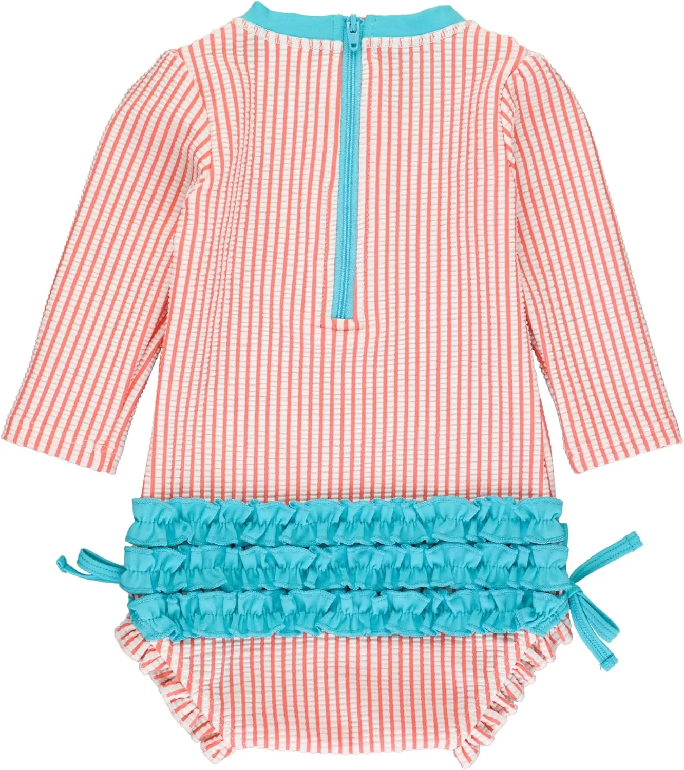 RuffleButts Baby/Toddler Girls Seersucker Long Sleeve One Piece Rash Guard Swimsuit with UPF 50  Sun Protection