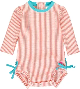 RuffleButts Baby/Toddler Girls Seersucker Long Sleeve One Piece Rash Guard Swimsuit with UPF 50  Sun Protection
