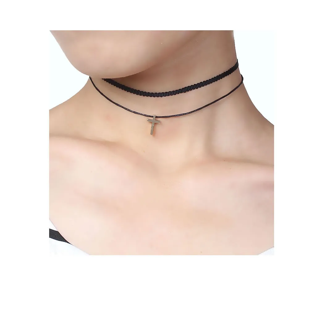 Sexy Sparkles Cross Velvet  Choker Necklace for Women Girls Gothic Choker Bolo Tie Chokers