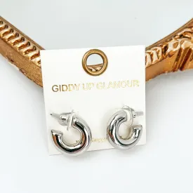Silver Tone Thick Hoop Huggie Earrings