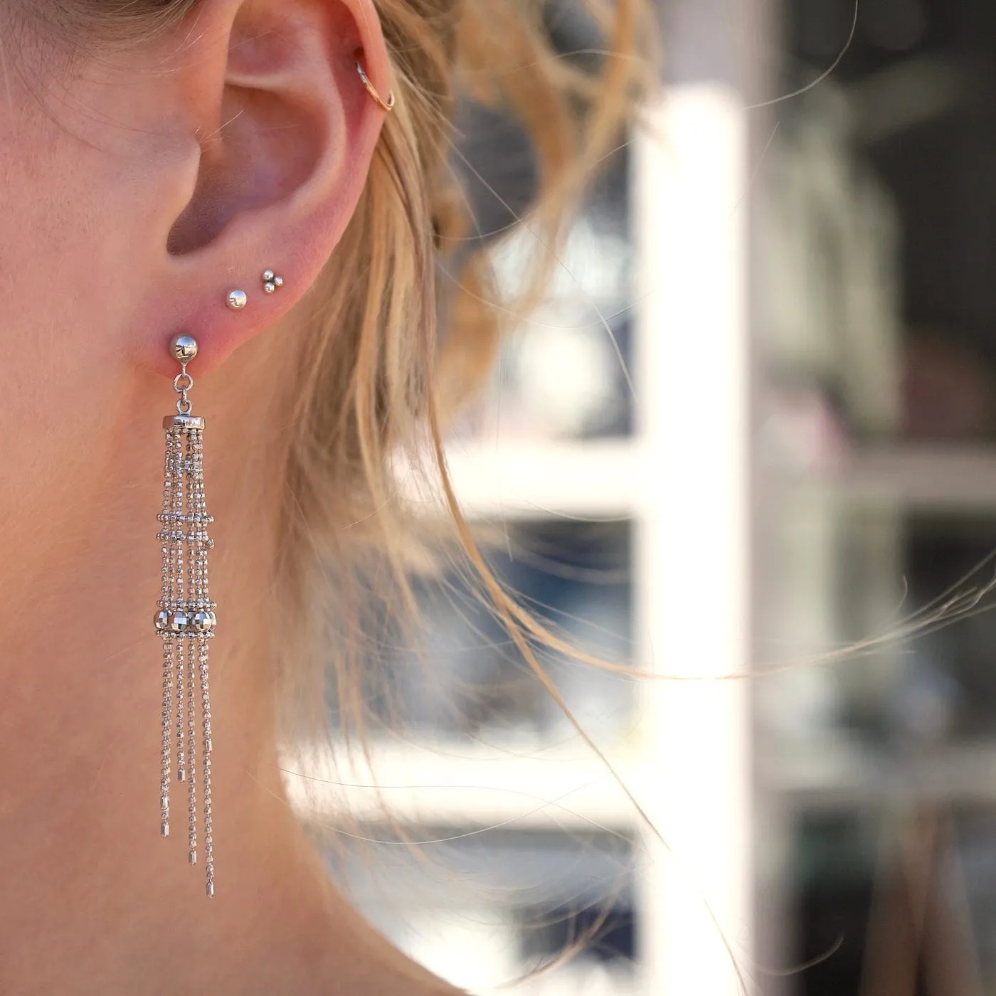 Sterling Silver Woven Lace Long Lantern and Spiral Drops Earrings