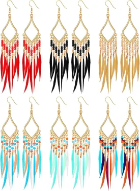 Sumind 6 Pairs Long Beaded Feather Tassel Earrings Boho Dangle Bohemia Handmade Seed Bead Statement Fringe Drop Earrings for Women Girls