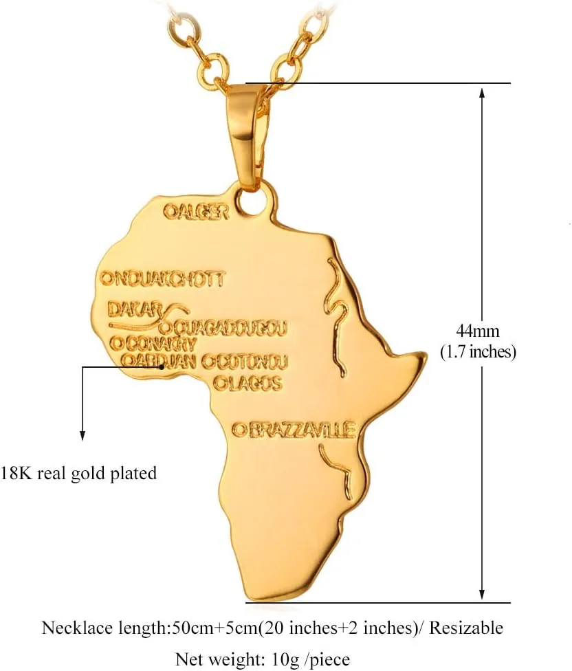U7 Africa Map Necklaces for Men Women,Stainless Steel/18K Gold Plated African Country Map Jewelry