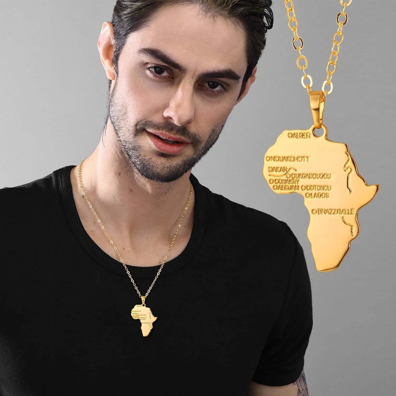 U7 Africa Map Necklaces for Men Women,Stainless Steel/18K Gold Plated African Country Map Jewelry