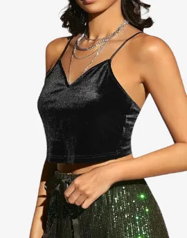 Velvet Nightshade Butterfly Lace Crop Top - Embroidery Mesh Velvet Cami Top Women Club Solid V-neck Sleeveless Spaghetti Strap Crop TopS Party Clothes