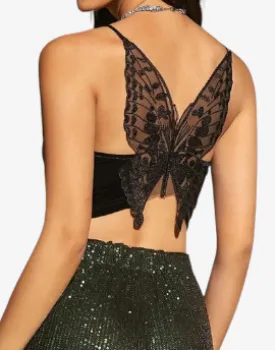Velvet Nightshade Butterfly Lace Crop Top - Embroidery Mesh Velvet Cami Top Women Club Solid V-neck Sleeveless Spaghetti Strap Crop TopS Party Clothes