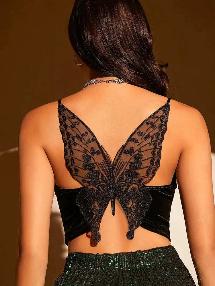 Velvet Nightshade Butterfly Lace Crop Top - Embroidery Mesh Velvet Cami Top Women Club Solid V-neck Sleeveless Spaghetti Strap Crop TopS Party Clothes