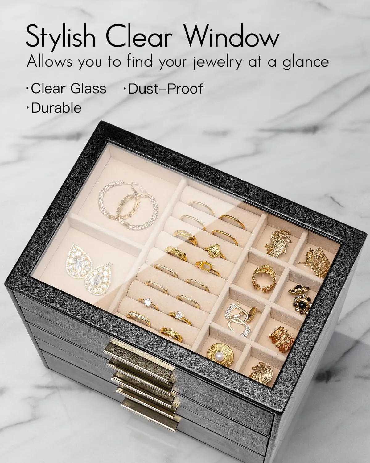 Vlando 5 Layer Jewelry Box for Women, Glass Lid Jewelry Organizer with 5 Drawers for Necklaces Rings Earrings Bracelets - Black