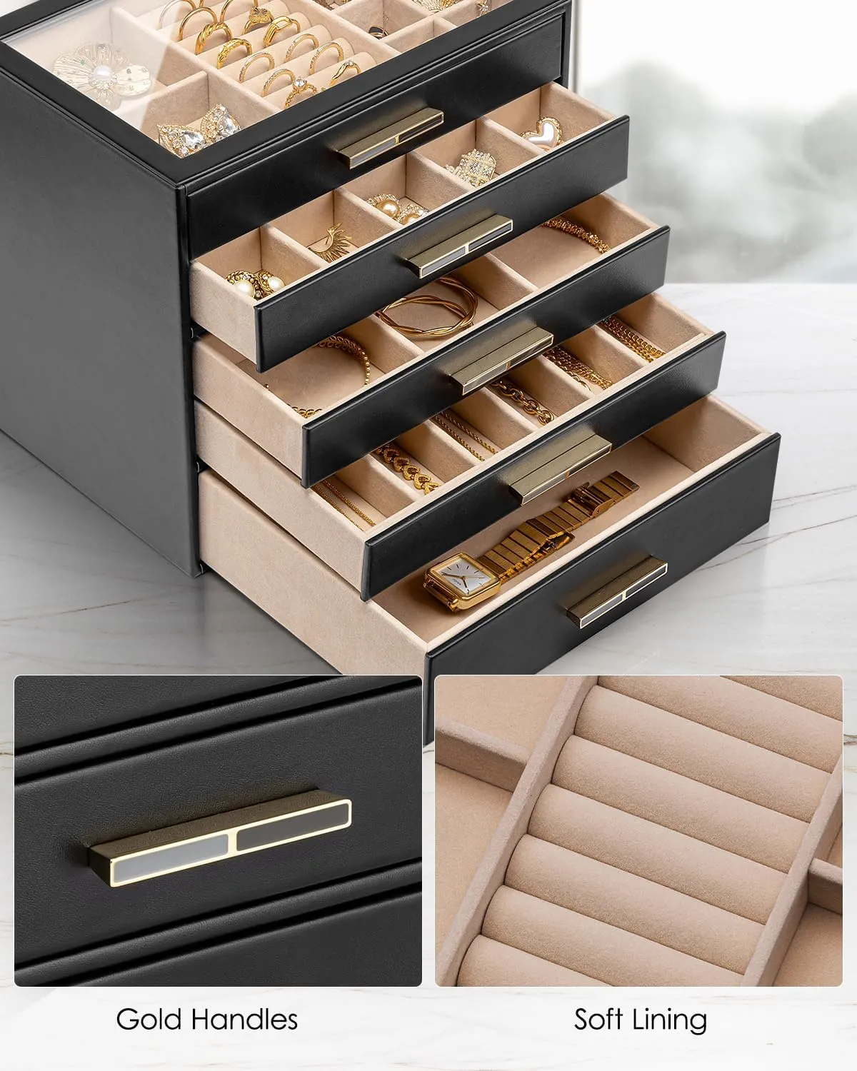 Vlando 5 Layer Jewelry Box for Women, Glass Lid Jewelry Organizer with 5 Drawers for Necklaces Rings Earrings Bracelets - Black
