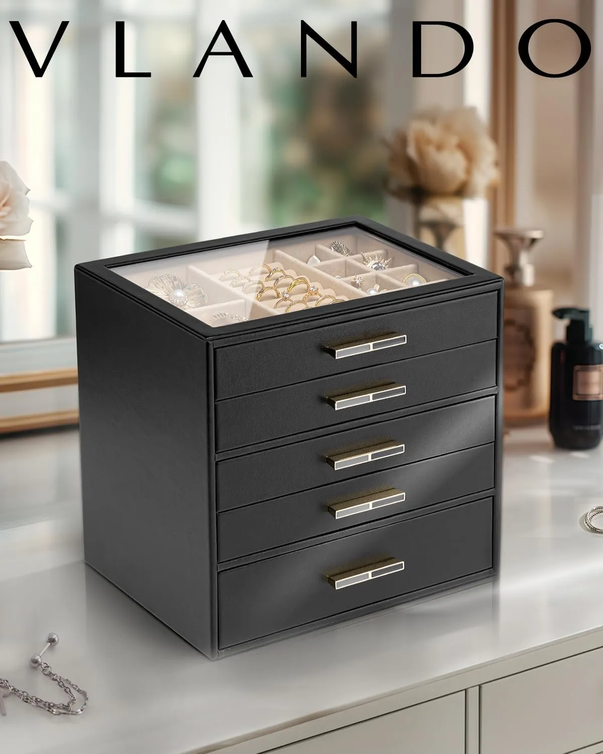 Vlando 5 Layer Jewelry Box for Women, Glass Lid Jewelry Organizer with 5 Drawers for Necklaces Rings Earrings Bracelets - Black