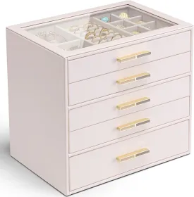 Vlando 5 Layer Jewelry Box for Women, Glass Lid Jewelry Organizer with 5 Drawers for Necklaces Rings Earrings Bracelets - Pink