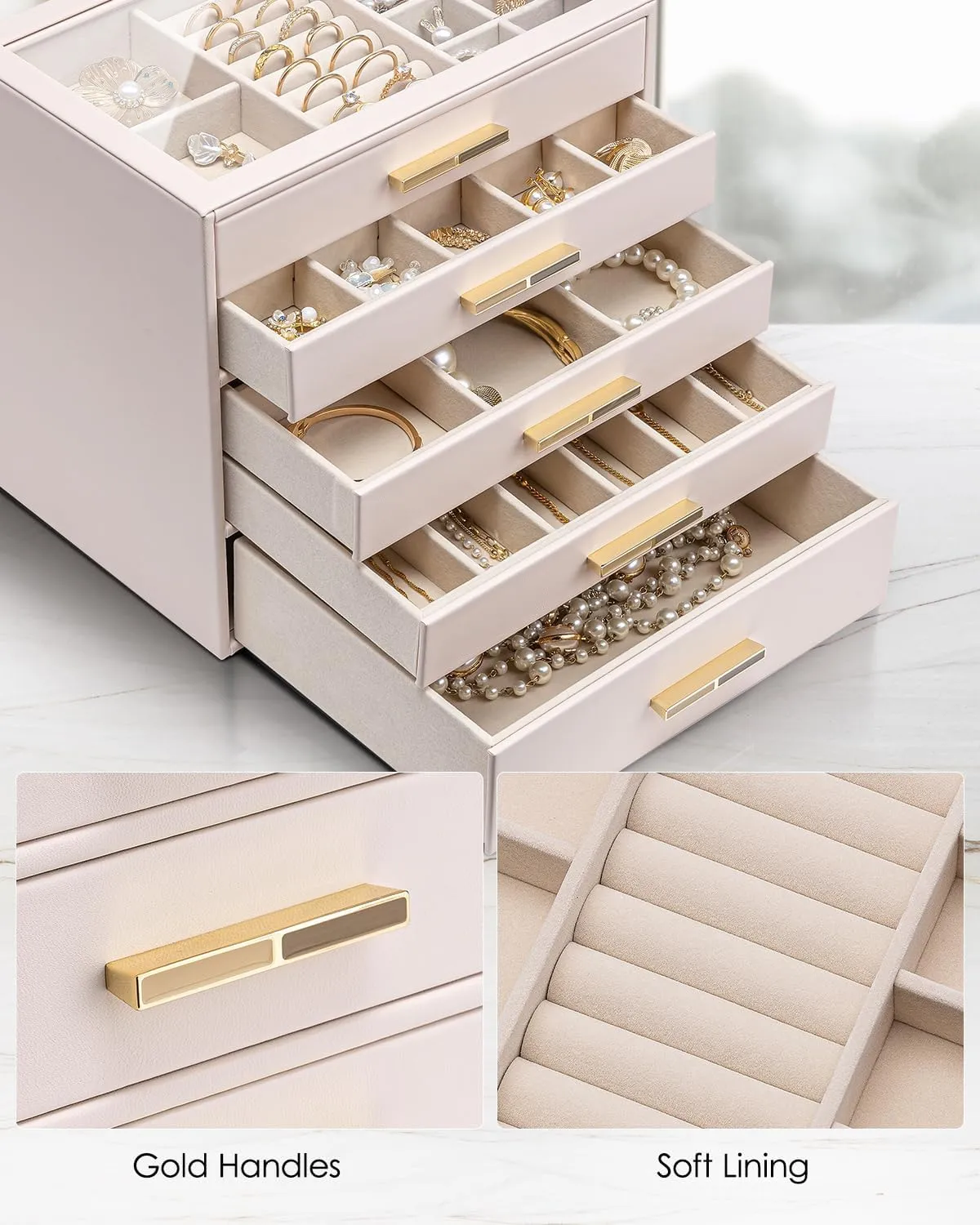 Vlando 5 Layer Jewelry Box for Women, Glass Lid Jewelry Organizer with 5 Drawers for Necklaces Rings Earrings Bracelets - Pink