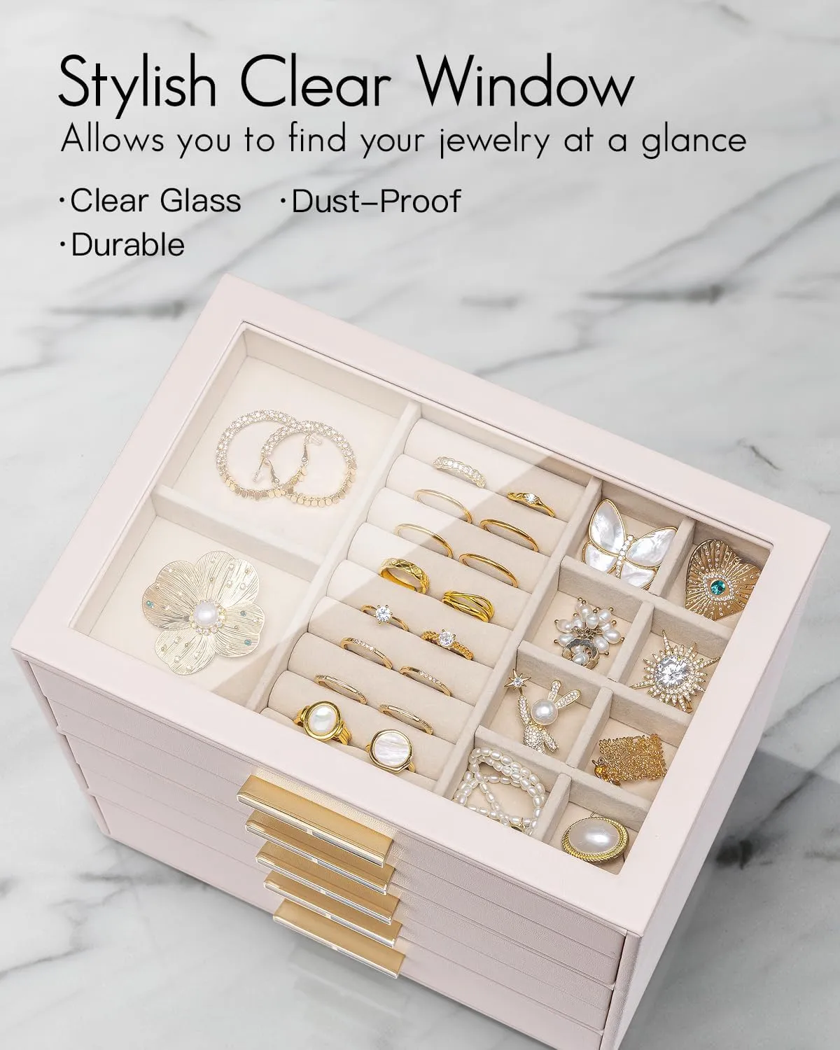 Vlando 5 Layer Jewelry Box for Women, Glass Lid Jewelry Organizer with 5 Drawers for Necklaces Rings Earrings Bracelets - Pink