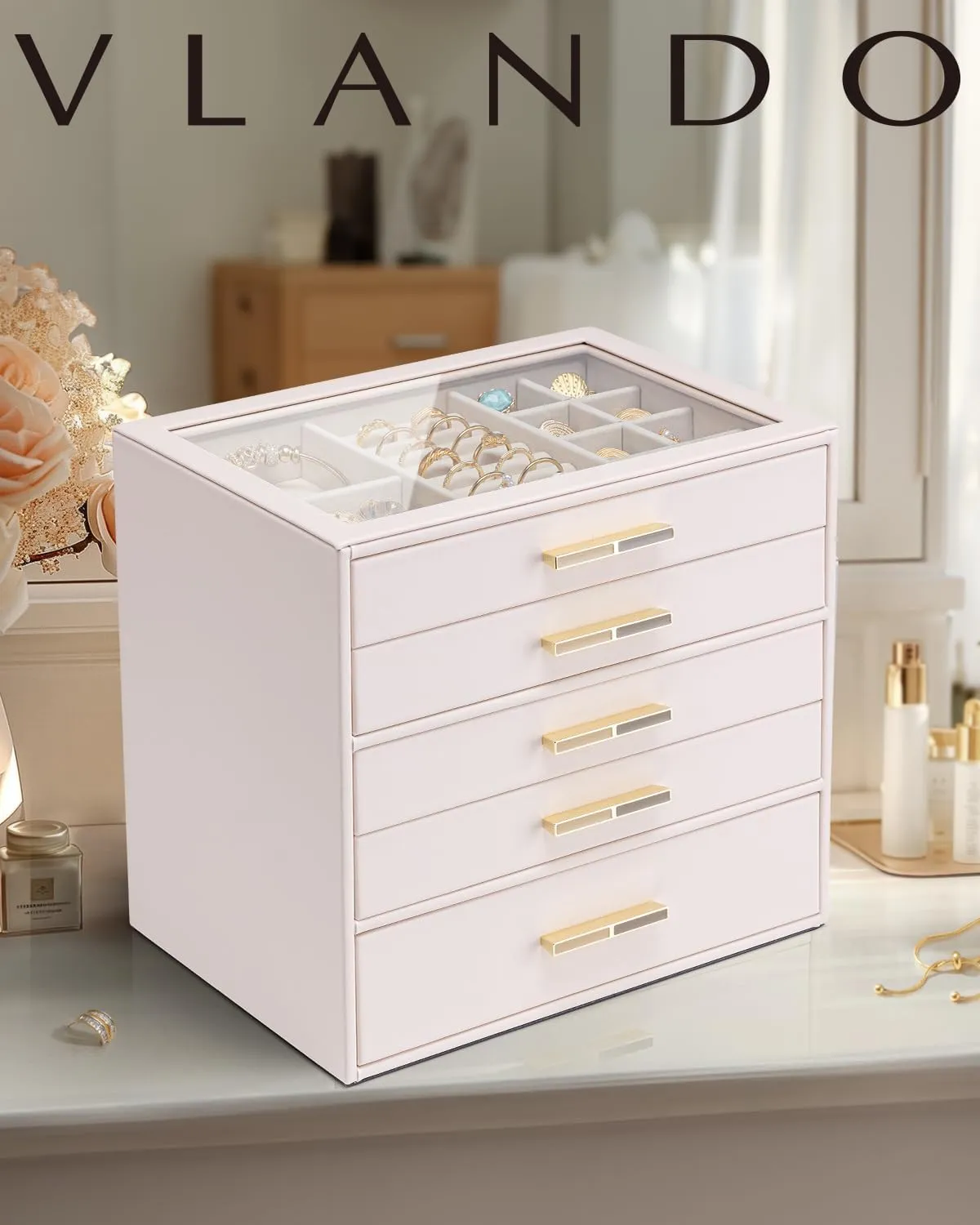 Vlando 5 Layer Jewelry Box for Women, Glass Lid Jewelry Organizer with 5 Drawers for Necklaces Rings Earrings Bracelets - Pink