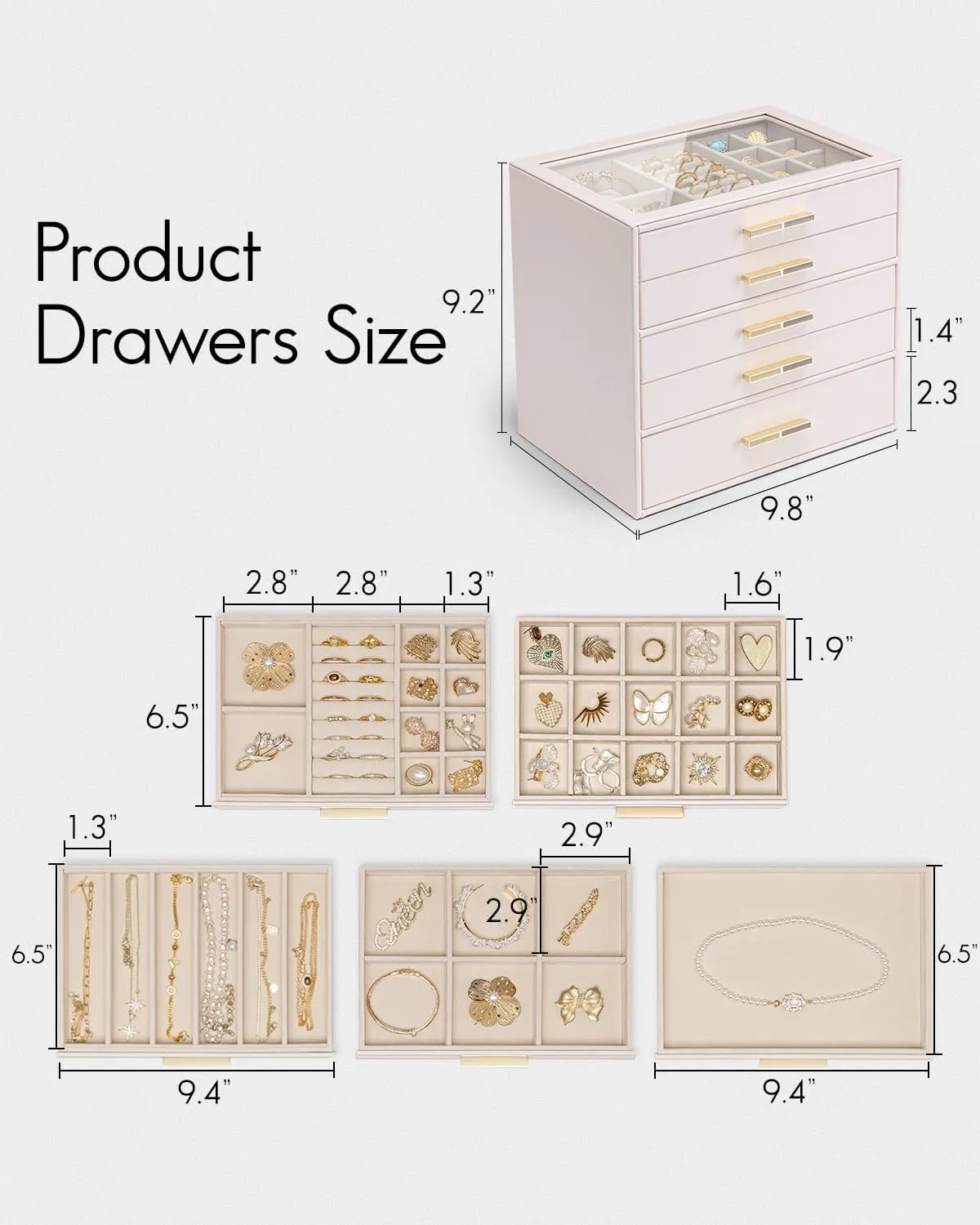Vlando 5 Layer Jewelry Box for Women, Glass Lid Jewelry Organizer with 5 Drawers for Necklaces Rings Earrings Bracelets - Pink