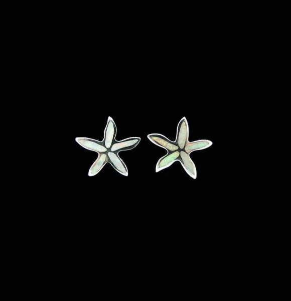 White Created Opal Star Fish Stud Earrings