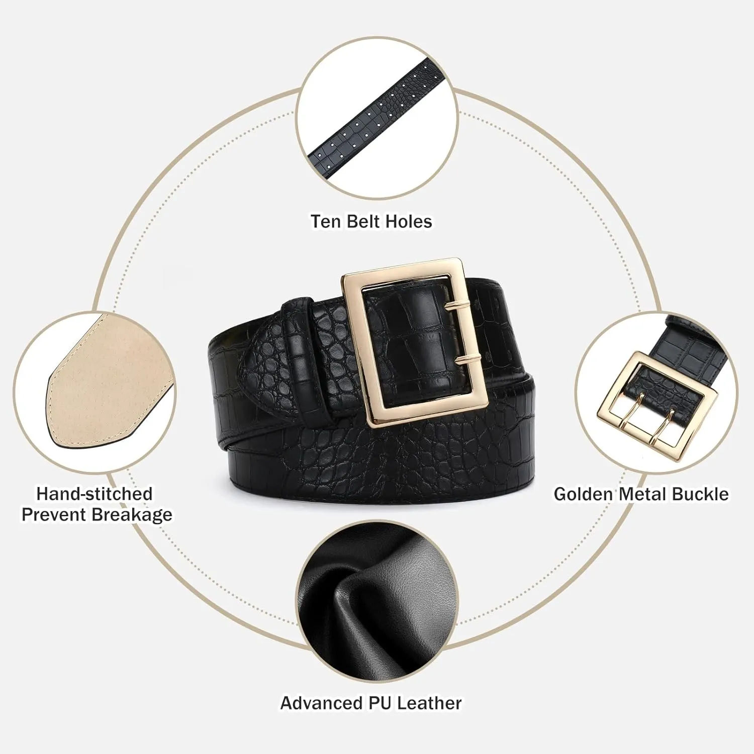 Wide Belts for Women Leather Wide Belts Fashion Thick Black Belt With Gold Buckle Belt for Dresses