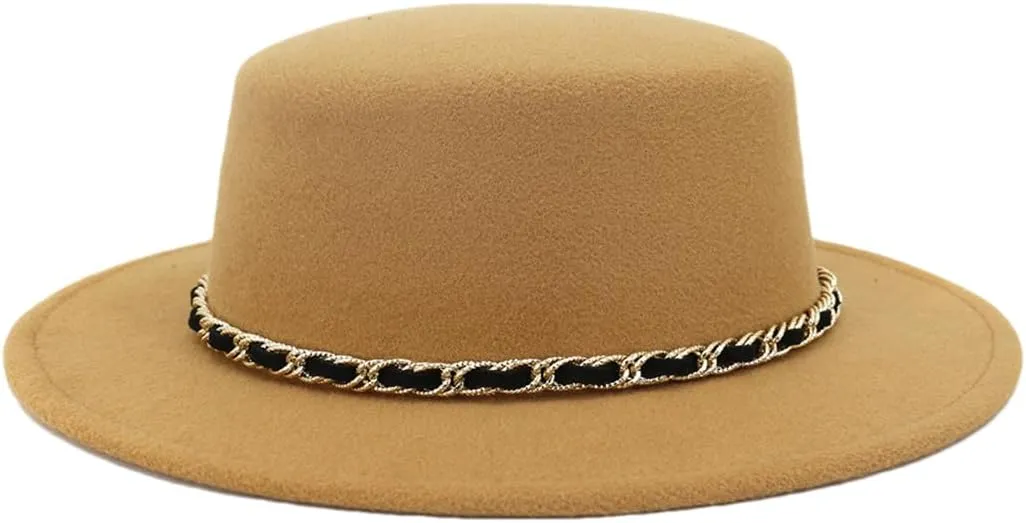 Wide Brim Fedora Hats for Women and Men Classic Chain Flat Top Hat Flat Brim Top Hat 5 Without Chain