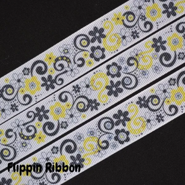 Yellow Flower Ribbon - 7/8 inch Printed Grosgrain