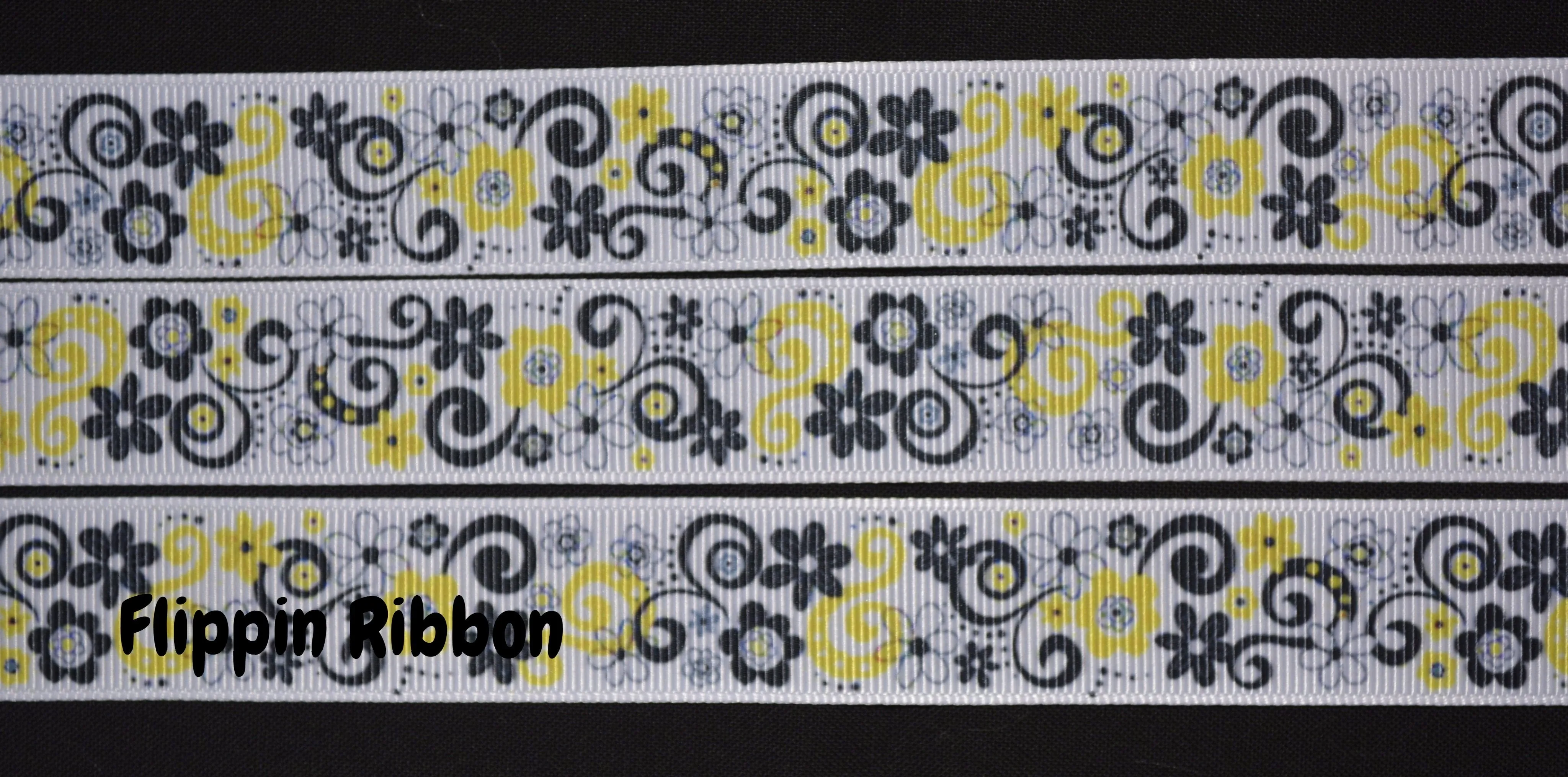 Yellow Flower Ribbon - 7/8 inch Printed Grosgrain